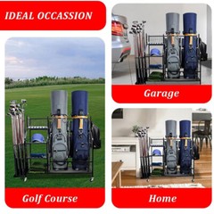 Golf Bag Storage Rack w/ Lockable Wheels Fit for 2 Golf Bags 21 Golf Clubs Balls