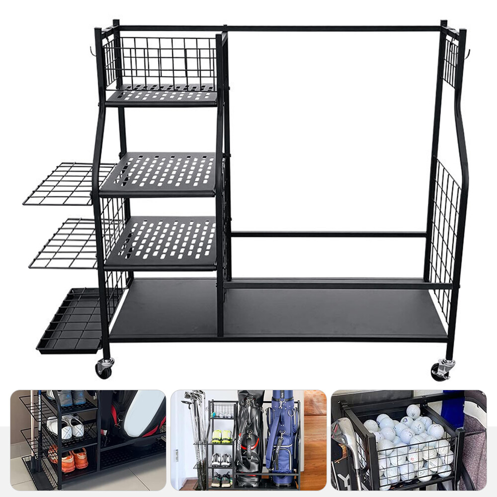 Large Golf Storage Garage Organizer 2 Golf Bag Stand Holder Club Rack Ball Cart