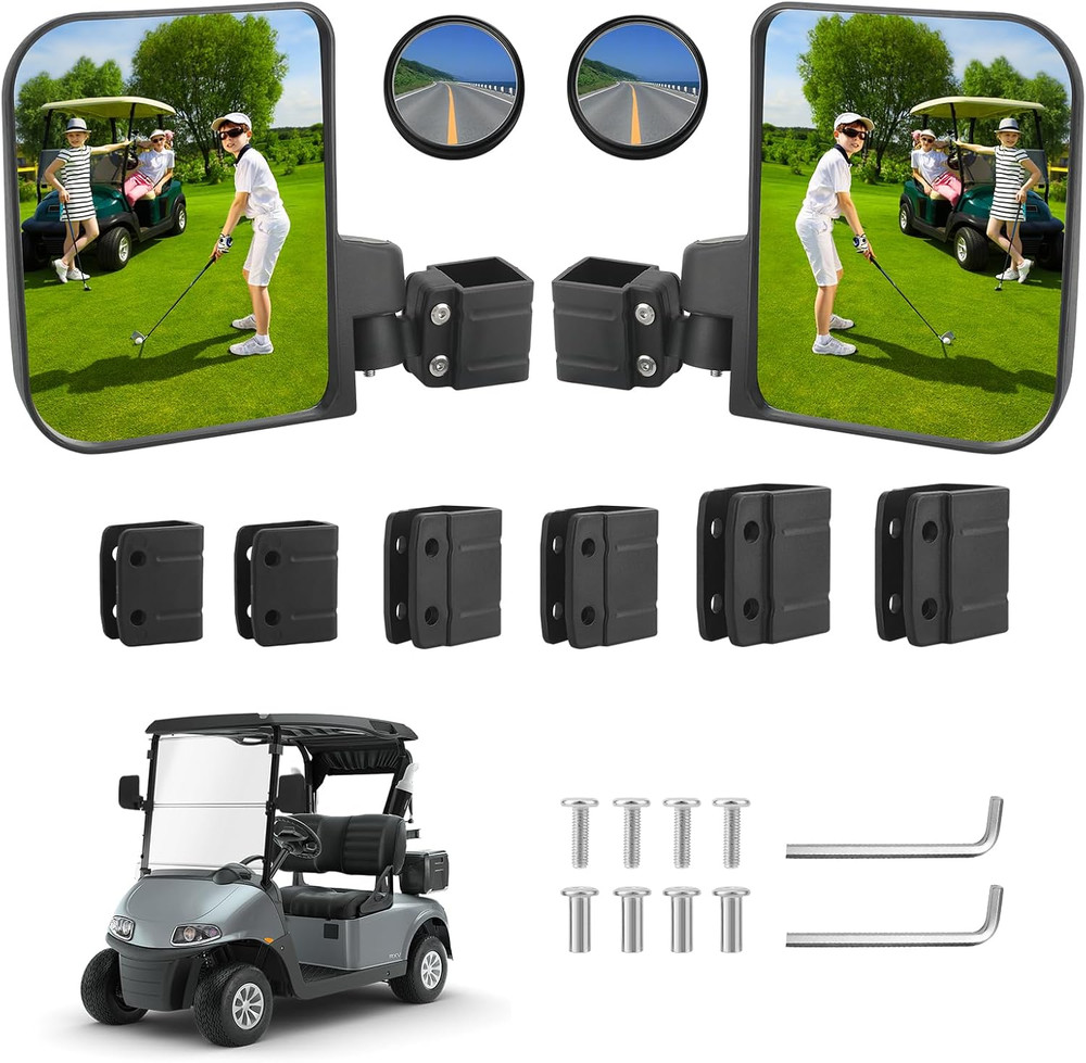 No Drilling Golf Cart Side Mirrors for EZGO Club Car Yamaha, HD Shatterproof Gol