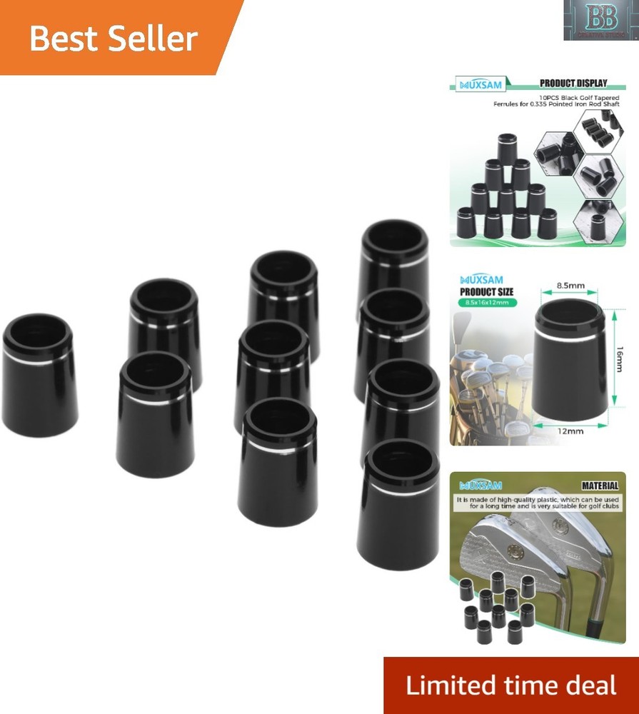Set of 10 Black Golf Ferrules with Silver Ring – Perfect for Iron Shafts 0.335″