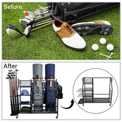 Large Golf Storage Garage Organizer 2 Golf Bag Stand Holder Club Rack Ball Cart