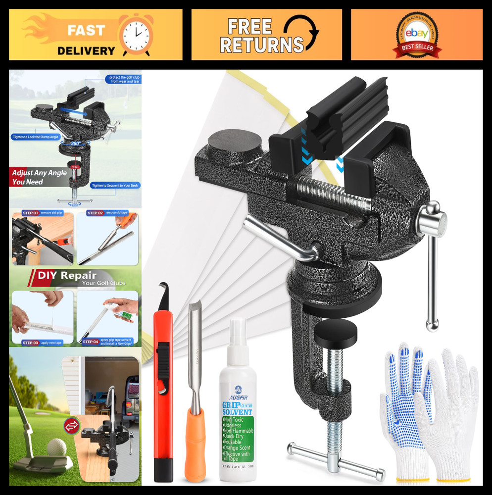 Golf Grip Regripping Kit – Portable Vise, Rubber Clamp, Solvent & Tools Included