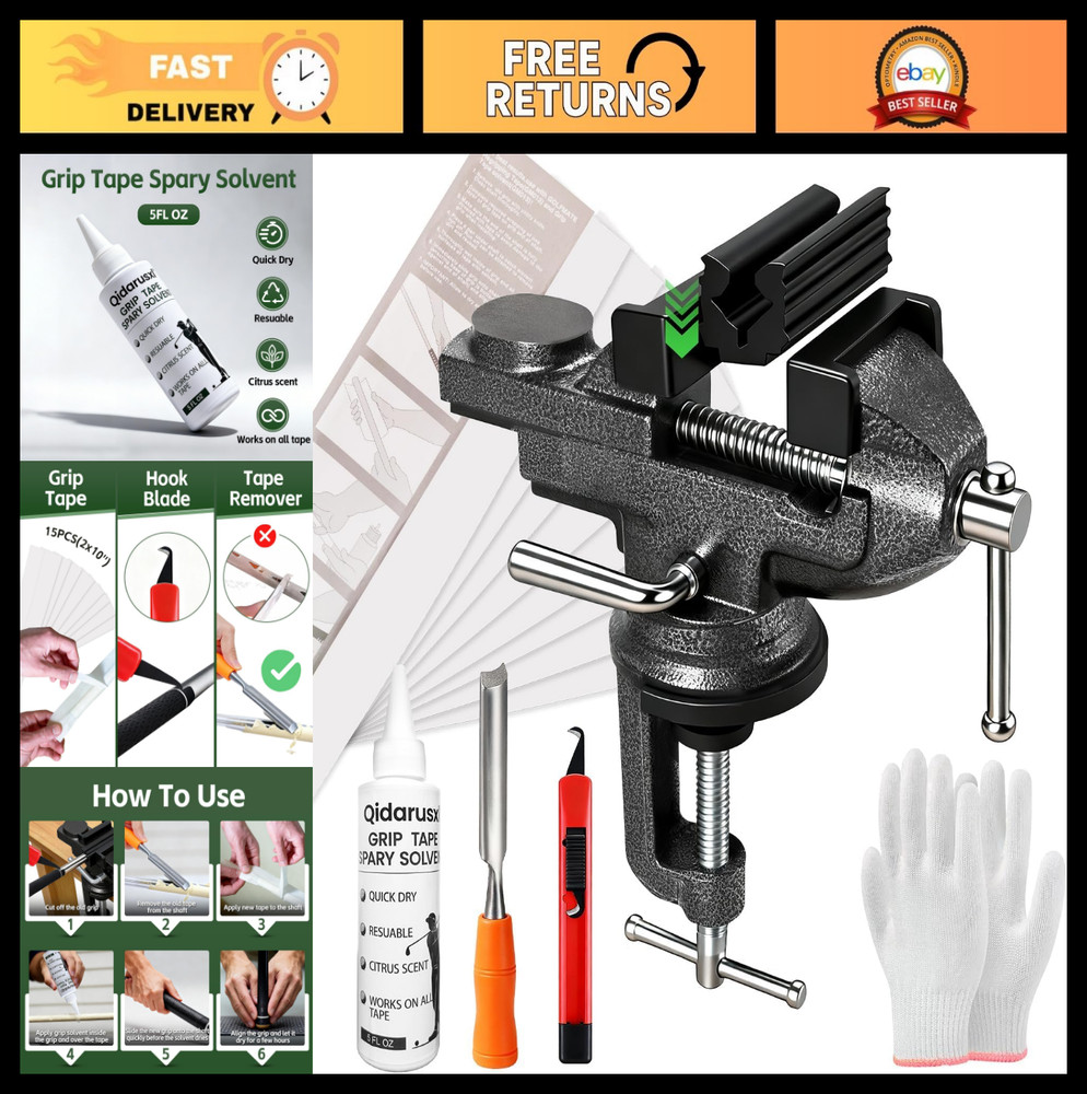 All-in-One Golf Grip Regripping Kit with Rotating Vise, Rubber Clamp & Tools – 1