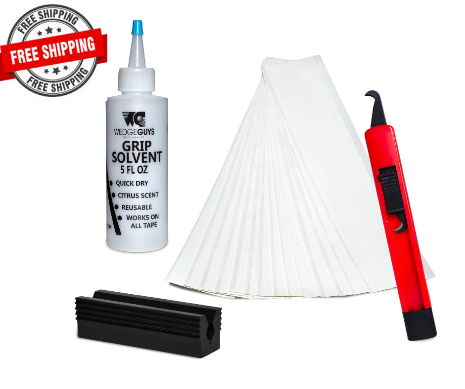 Golf Club GRIP KIT 15 Tape Strips (2×10), Solvent, Vise Clamp and Hook Blade